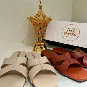 Beige and terracotta cross-strap slip-on sandals