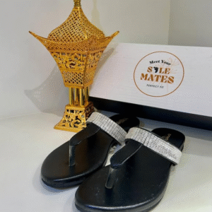 Black thong sandals with sparkling rhinestone straps