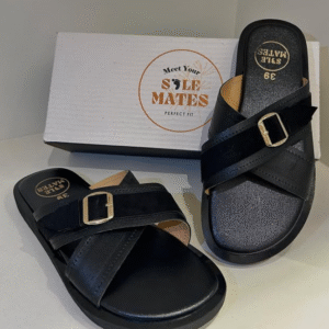 Black cross-strap sandals with gold buckle